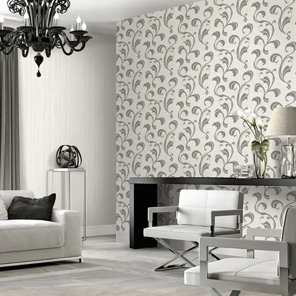 Papel de parede Arabesco com Relevo Cinza Escuro e Off-White