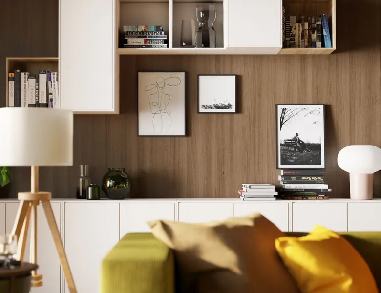 Sala com painel de TV envelopado em madeira