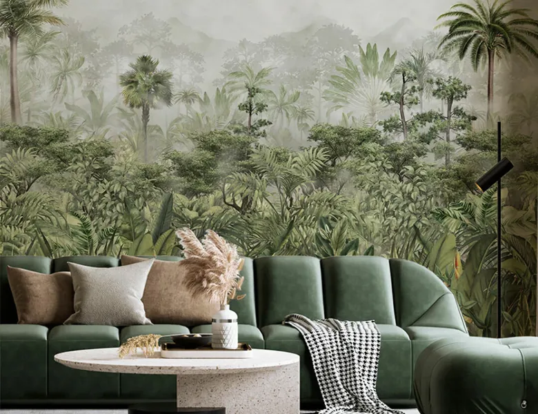 Sala com painel de parede de floresta