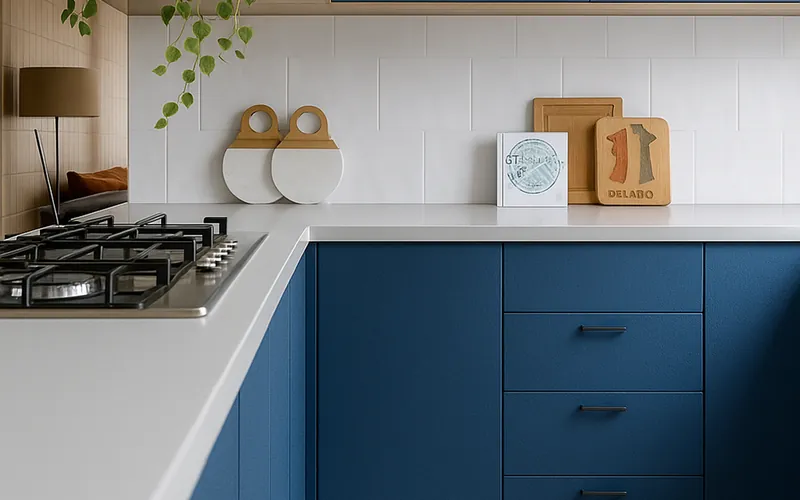 Cozinha com armários envelopados em azul